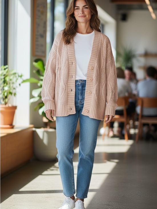 Universal Thread Sweaters - Universal Thread Cozy Cable-Knit Button Cardigan Sweater - Blush Size XL